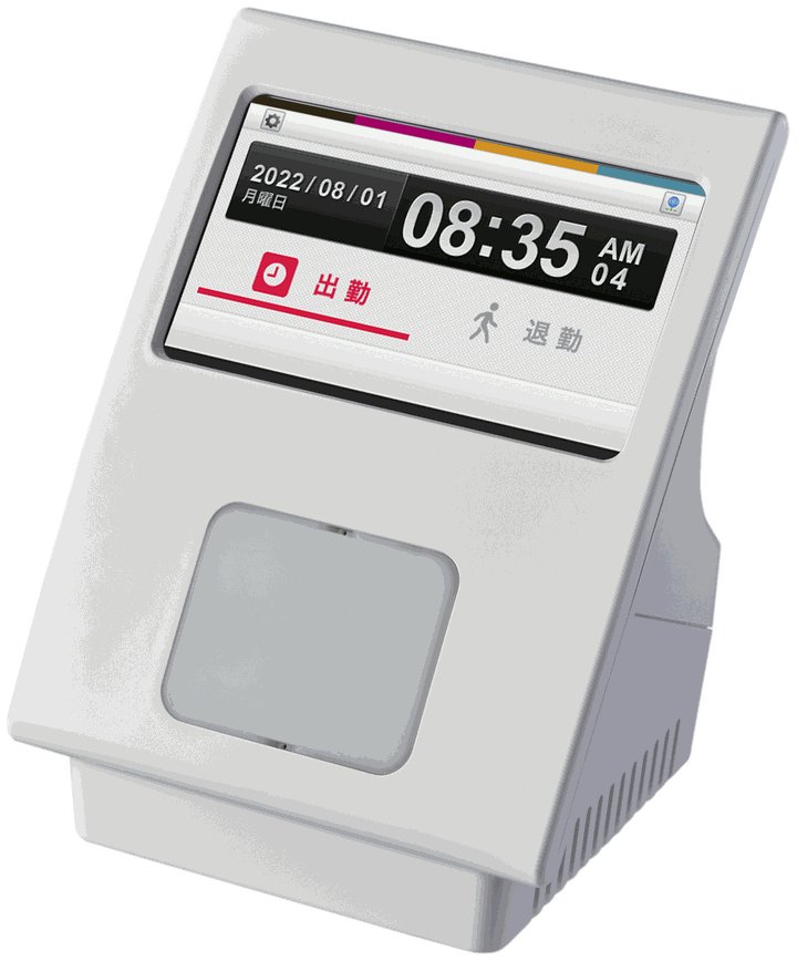 ピットタッチ端末（PitTouch Pro3）。画面に日付と時刻、出勤・退勤の選択が表示されている